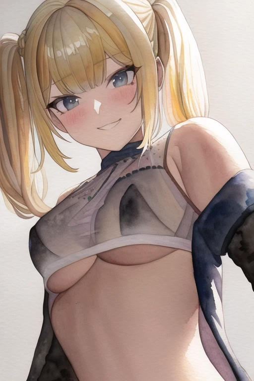 [NovelAI] Watercolor painting Under boob See-through Grinning Twin tails [Illustration]